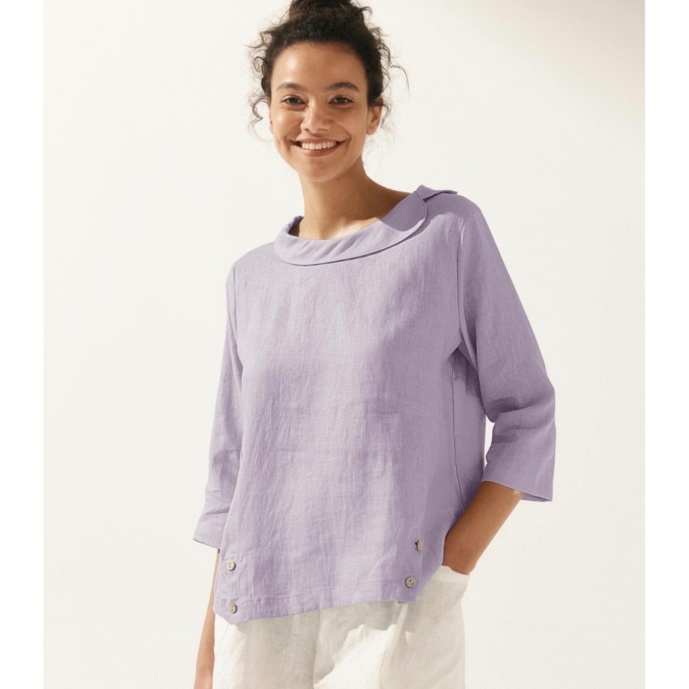 Lintico Anais Linen Blouse Womens Medium Lavender 3/4 Sleeve Top Relaxed
